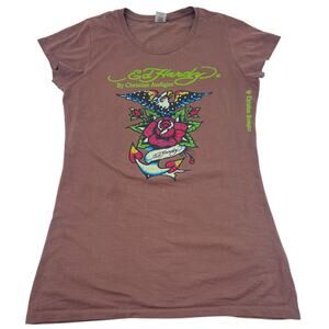 Ed Hardy Womens Vintage Y2K Brown Eagle Floral Rhinestone T-Shirt Sz L